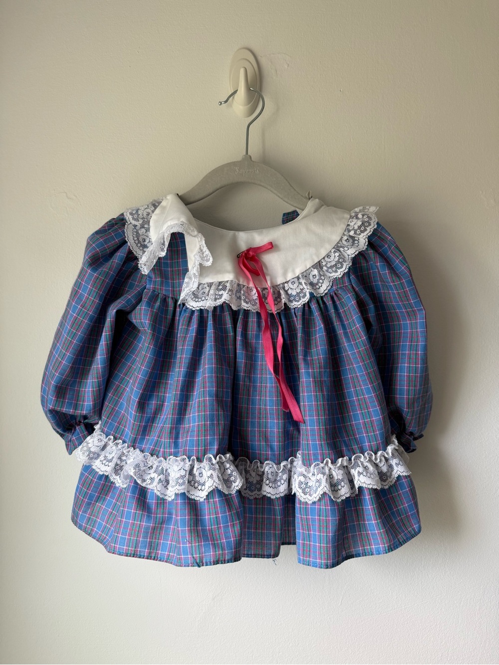 Vintage Plaid Lace-Trim Girls Dress with Pink Ribbon